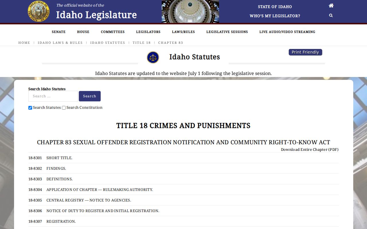 Idaho adult registration law for a Blaine County sex offender check