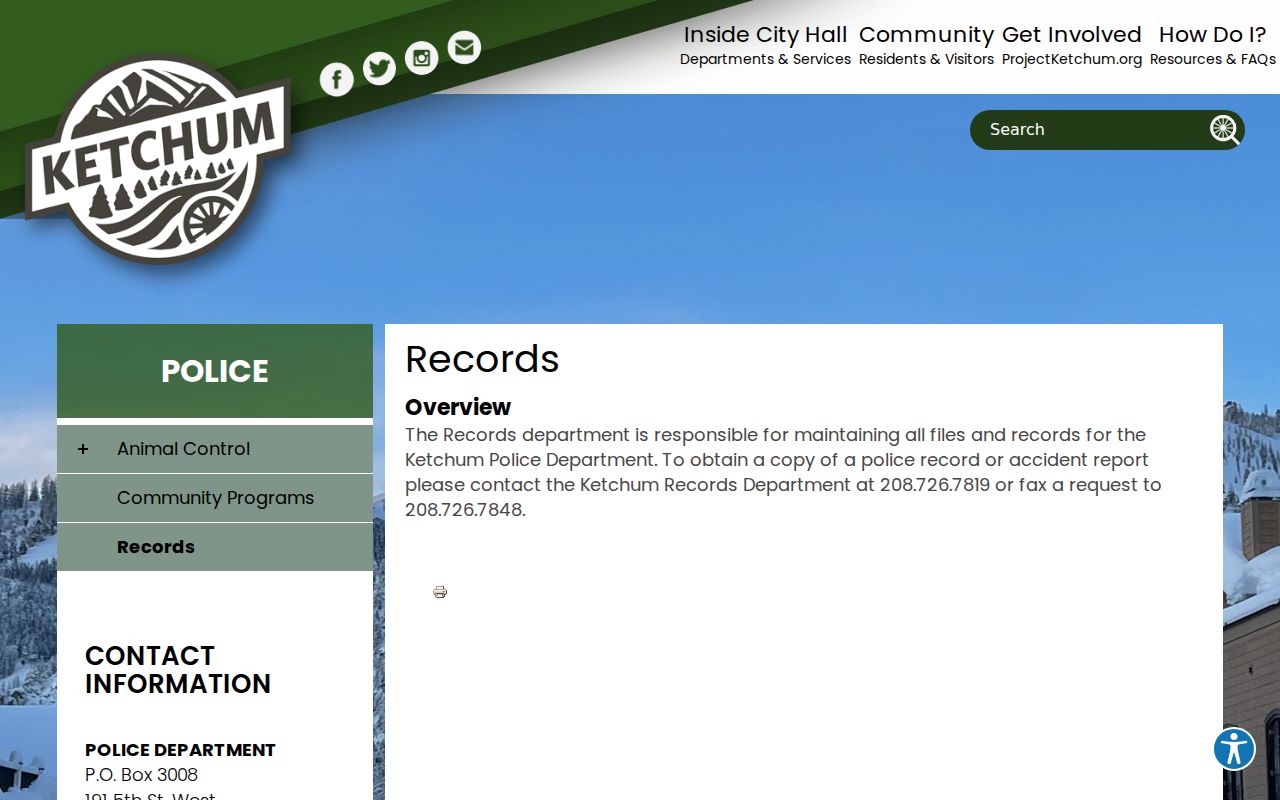 Ketchum police and accident report records contact page