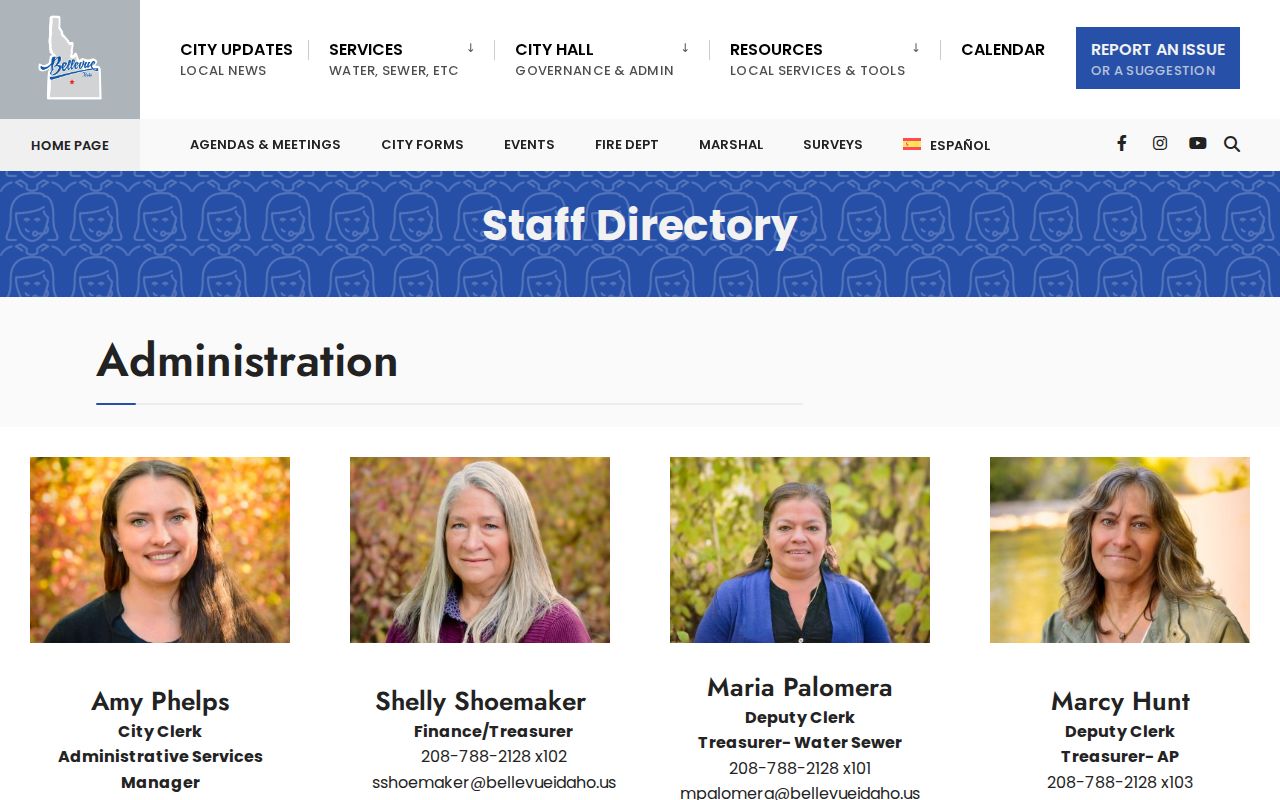 Bellevue city staff directory with clerk and Marshal contacts