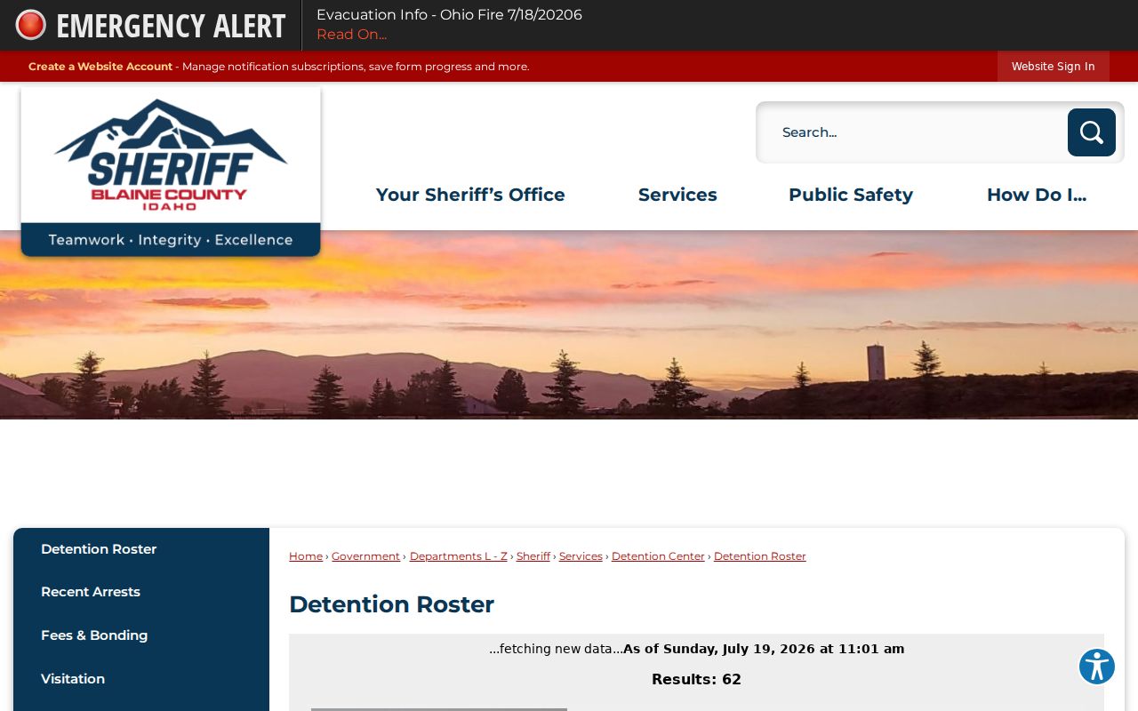 Official Blaine County Detention Roster recent arrest interface