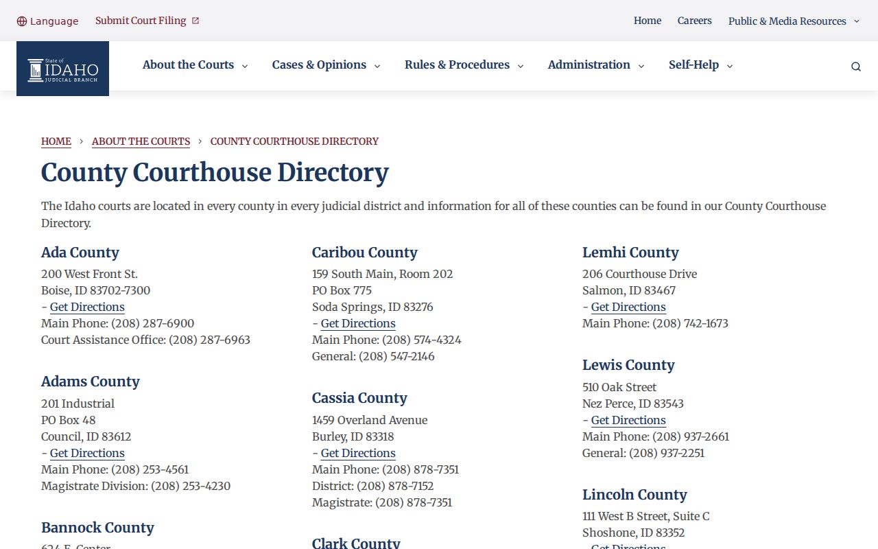Idaho Courts directory entry for Blaine County District and Magistrate courts